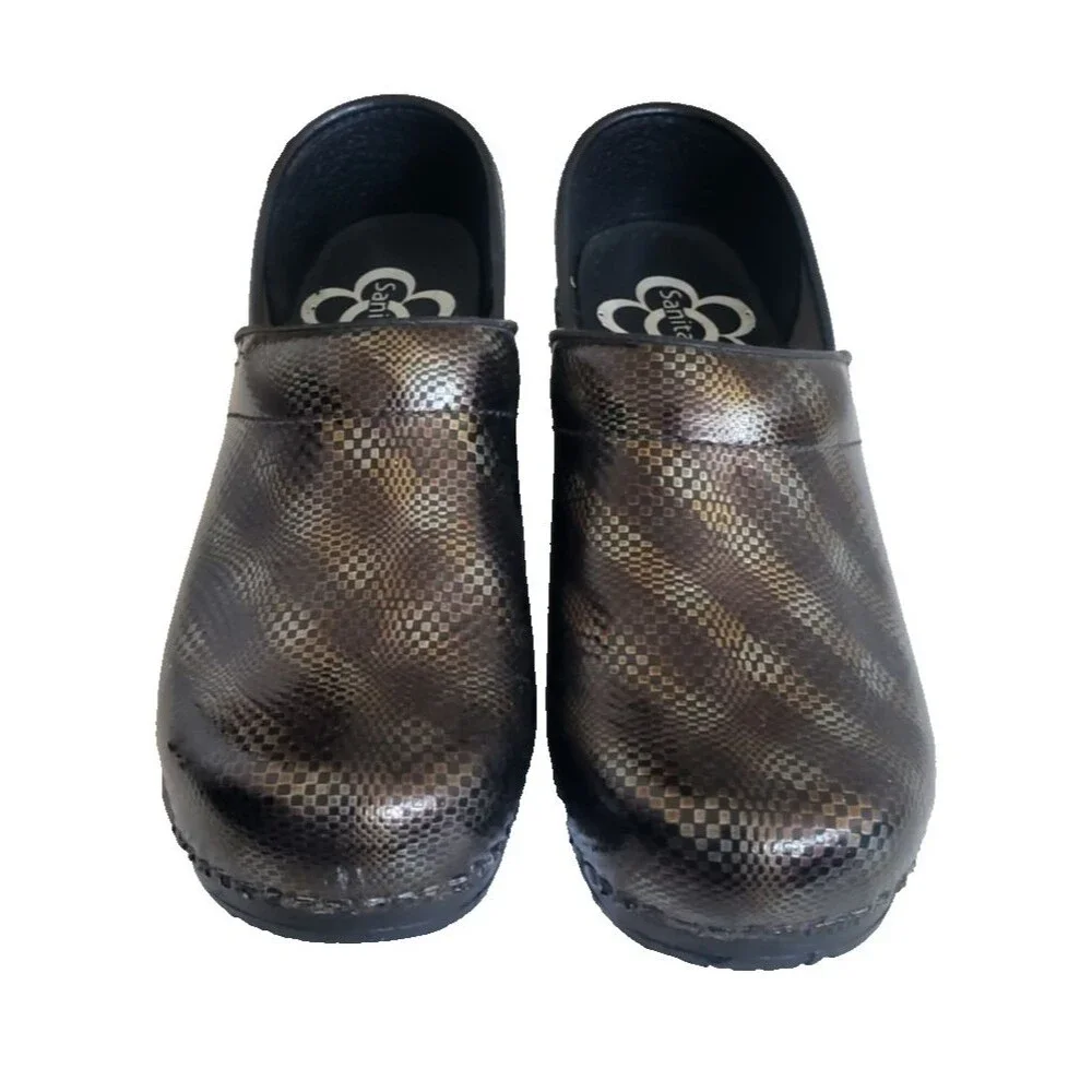 NEW Women's Sz 6 / 36 SANITA Patent Leather Clog Gold Bronze Black Silver Weave